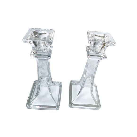 Pair Vintage Etched Glass Tapered Candle Stick Holders Etched Flower on 4 sides - Picture 2 of 6